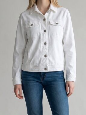 VINTAGE Bill Blass White Denim Jacket 100% Cotton Petite Medium Y2K 90s Boho